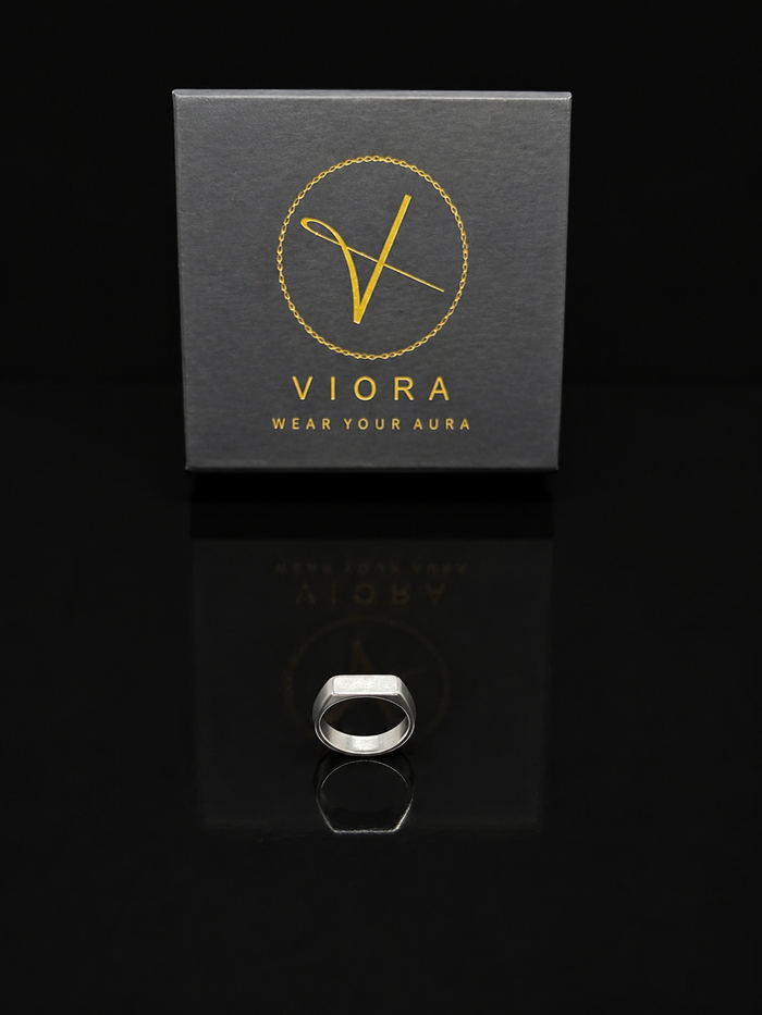 VIORA Silver Stainless Steel Rectangular Signet Ring for Men | Minimalist & Geometric