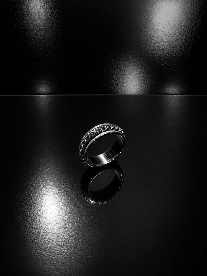 VIORA Silver Stainless Steel Chain Inlay Ring for Men | Industrial & Edgy