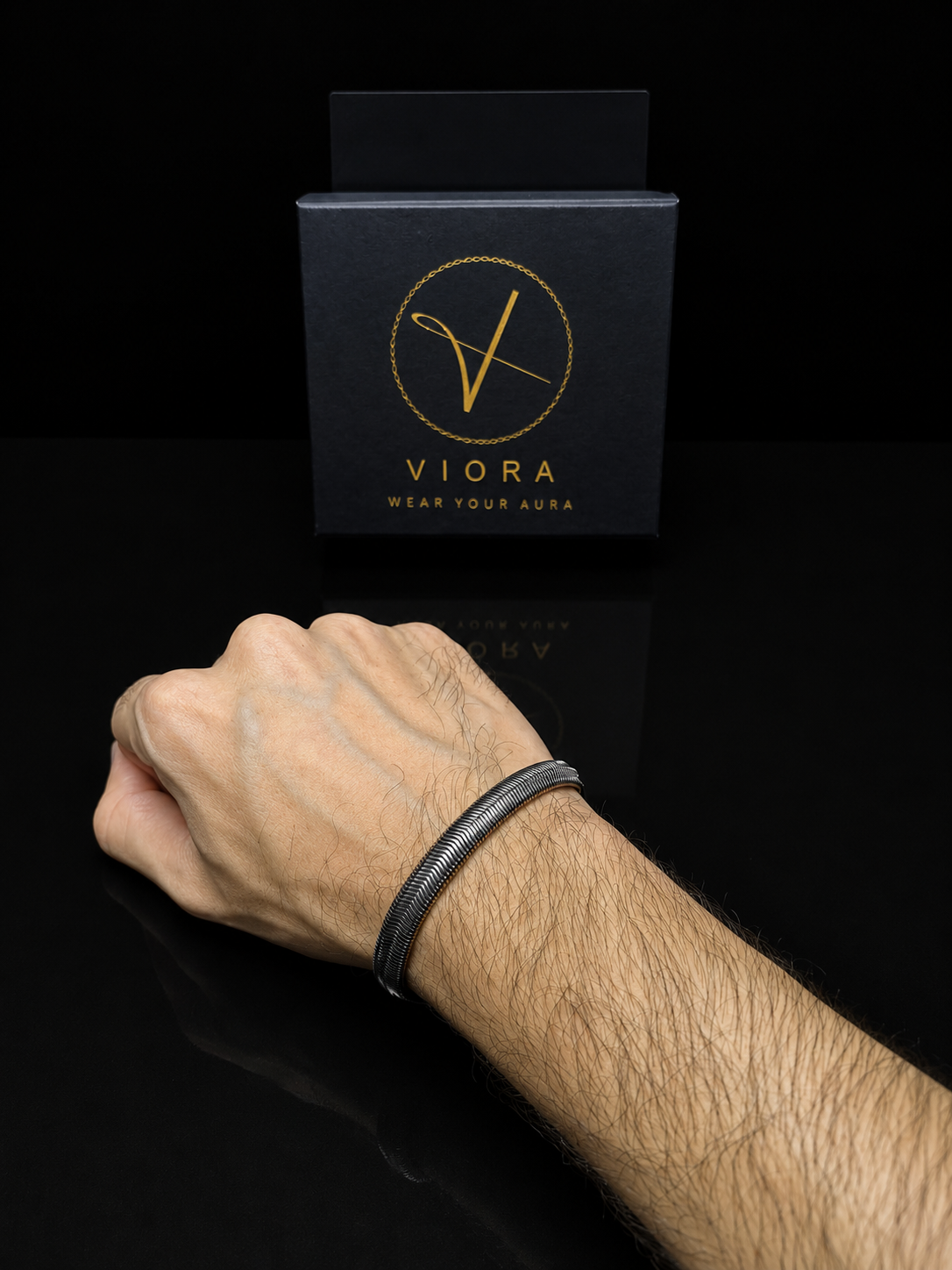 VIORA Black Stainless Steel Textured Coil Mesh Bracelet for Men | Edgy & Modern