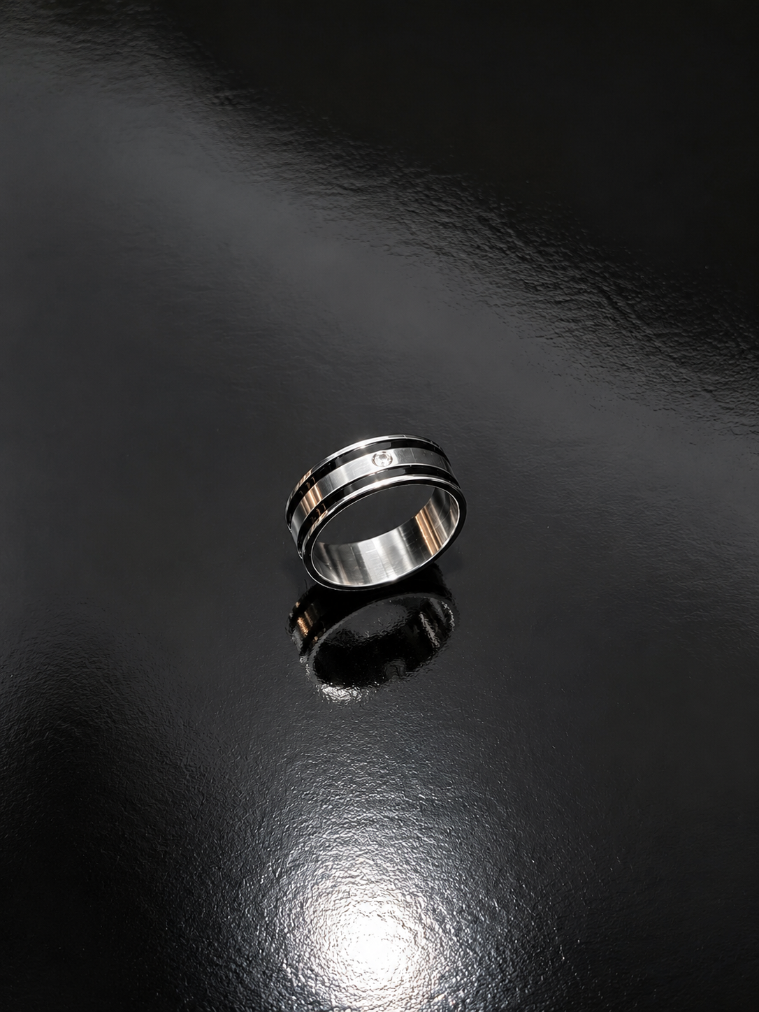 VIORA Silver Stainless Steel Dual-Stripe Ring with Center Stone for Men | Modern & Refined