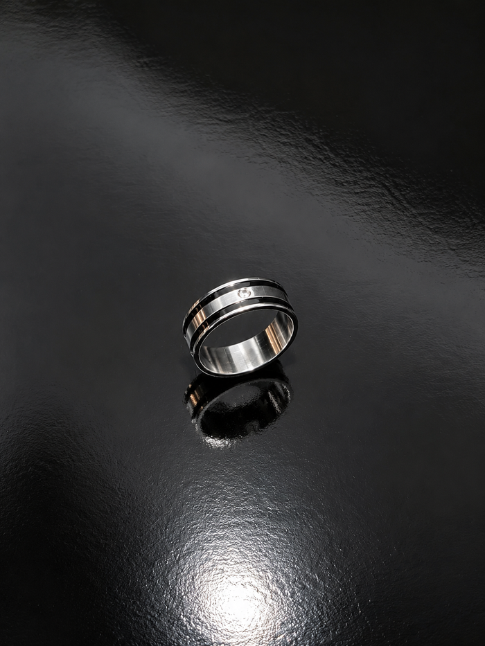 VIORA Silver Stainless Steel Dual-Stripe Ring with Center Stone for Men | Modern & Refined