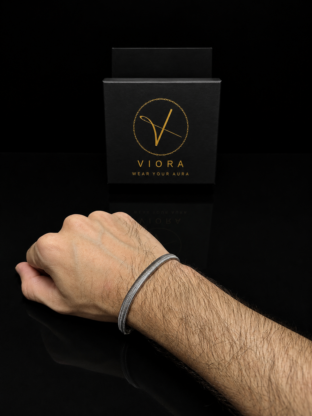 VIORA Silver Stainless Steel Textured Coil Mesh Bracelet for Men