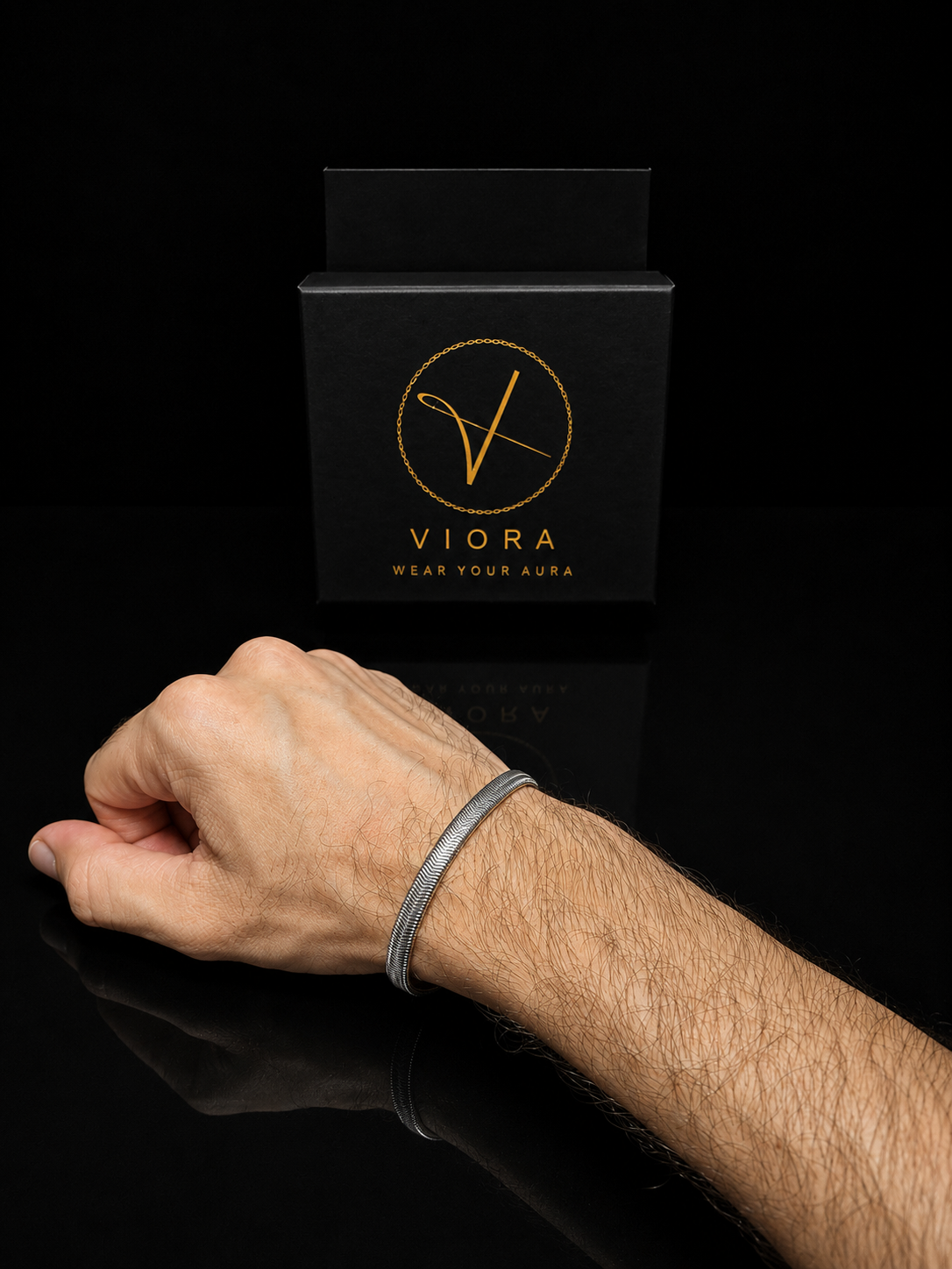 VIORA Silver Stainless Steel Textured Herringbone Bracelet for Men | Distinctive & Refined