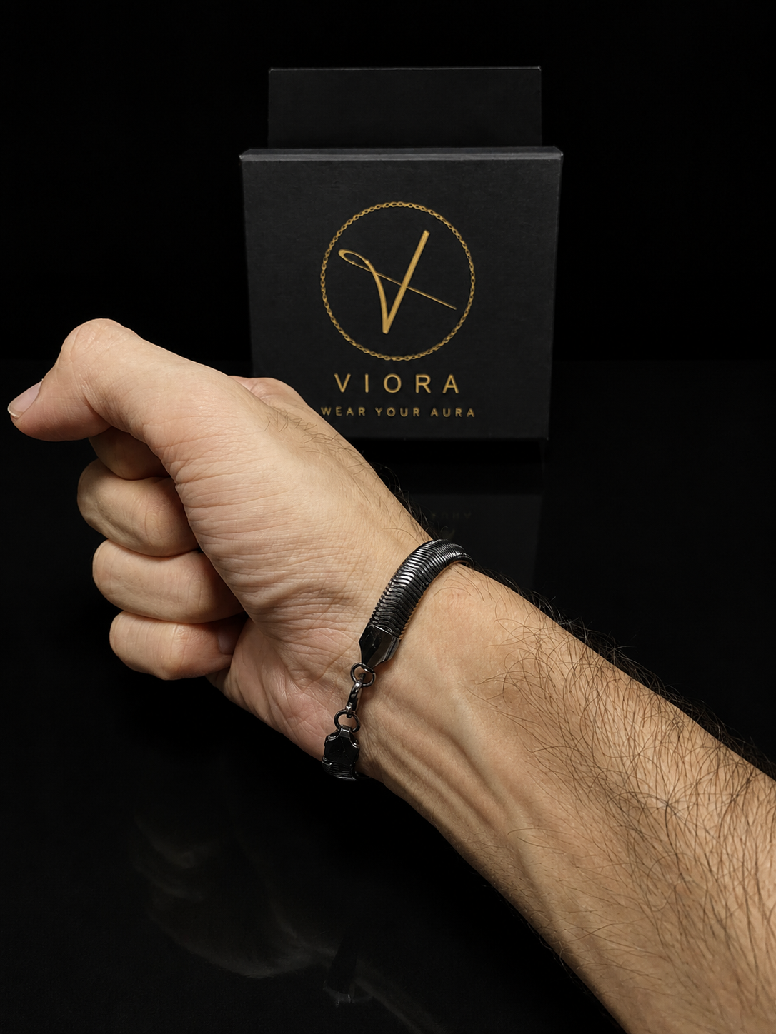 VIORA Black Stainless Steel Bold Snake Chain Bracelet for Men | Edgy & Substantial