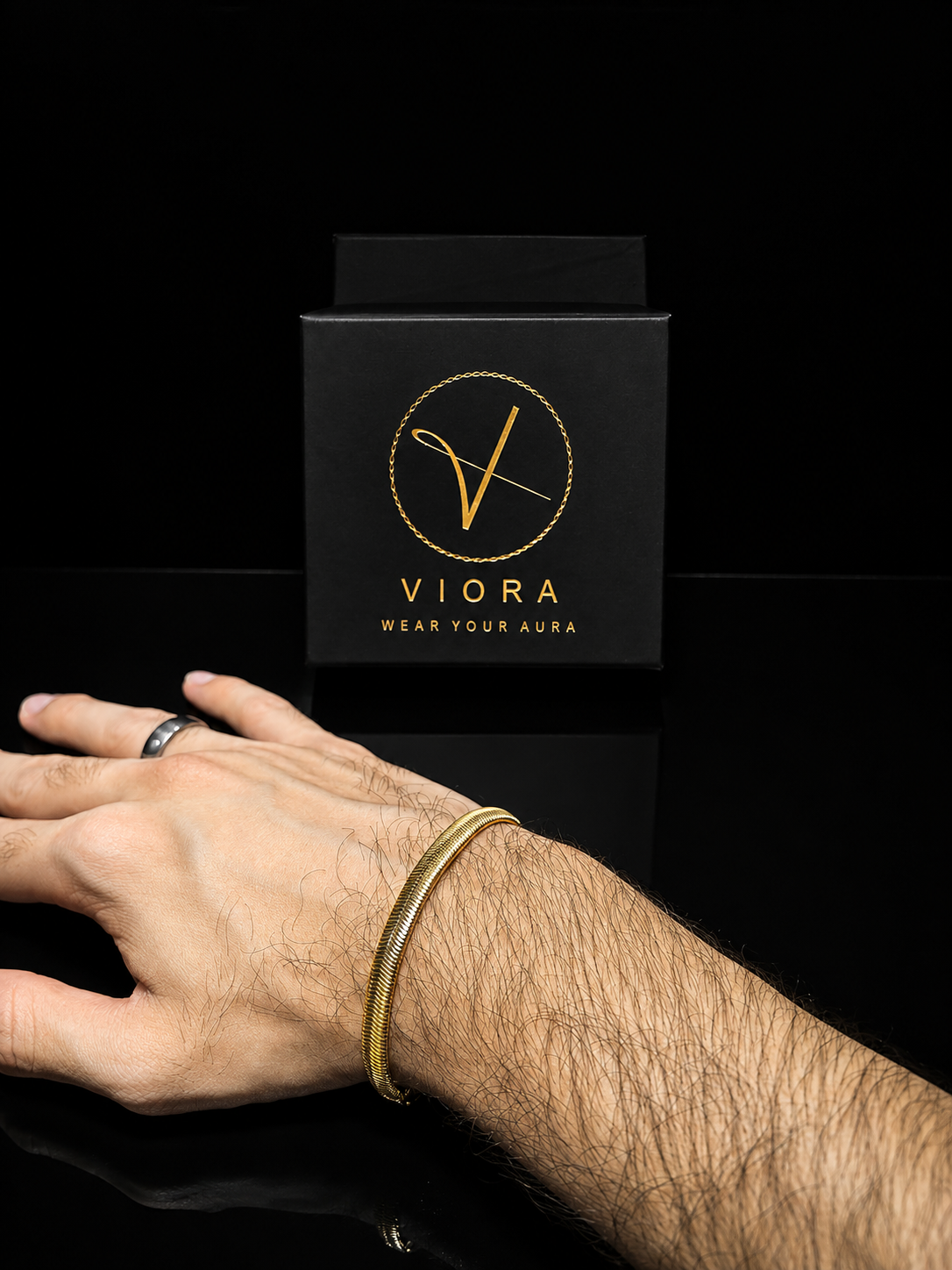 VIORA Gold Stainless Steel Flat Textured Herringbone Bracelet for Men | Luxurious & Classic