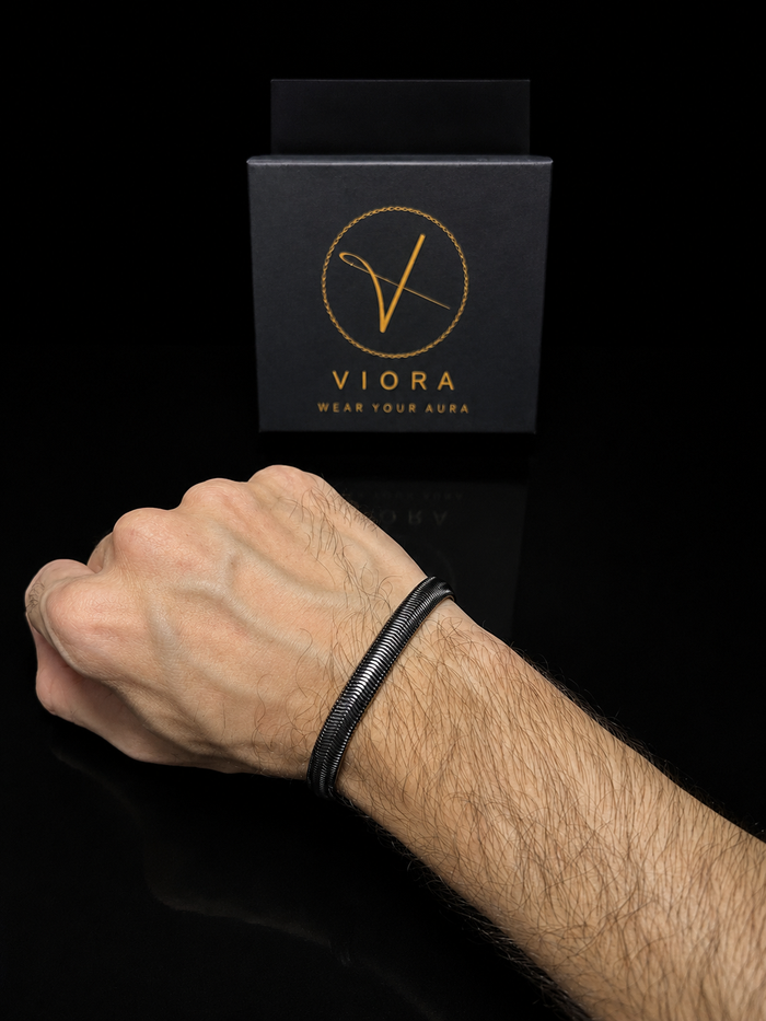 VIORA Black Stainless Steel Flat Herringbone Bracelet for Men | Sleek & Stealthy