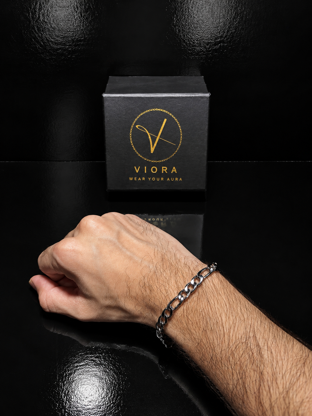 VIORA Silver Stainless Steel Polished Figaro Chain Bracelet for Men | Classic & Sophisticated