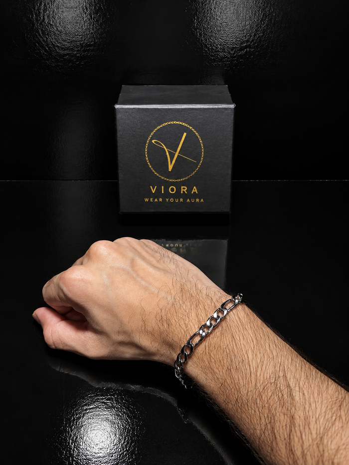 VIORA Silver Stainless Steel Polished Figaro Chain Bracelet for Men | Classic & Sophisticated