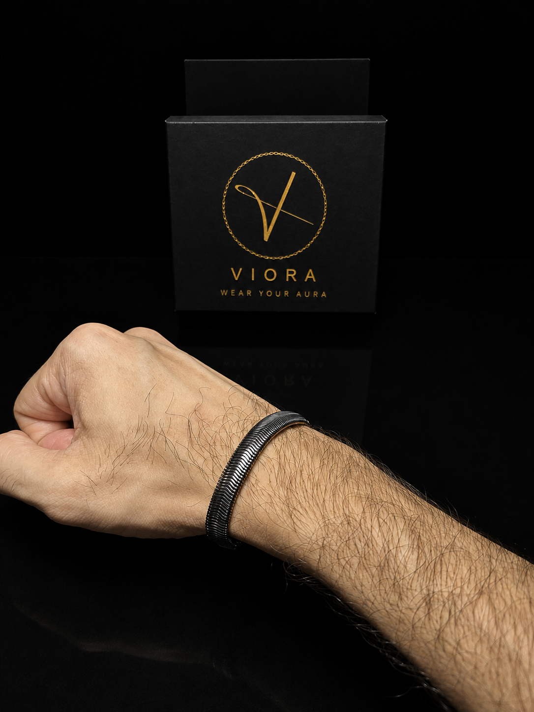 VIORA Black Stainless Steel Textured Herringbone Bracelet for Men | Bold & Distinctive